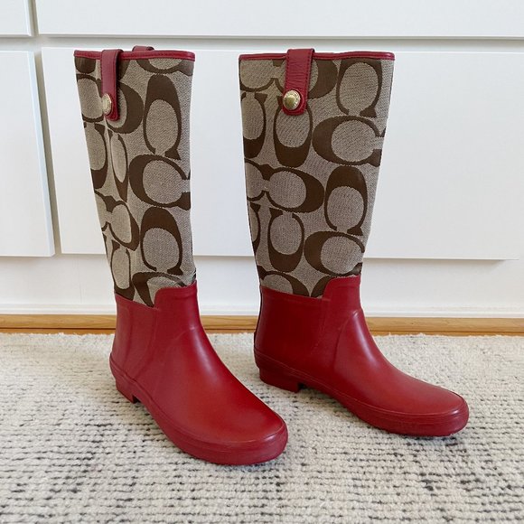Coach Signature C Red Polly Rain Boots Size 5 - Picture 1 of 10